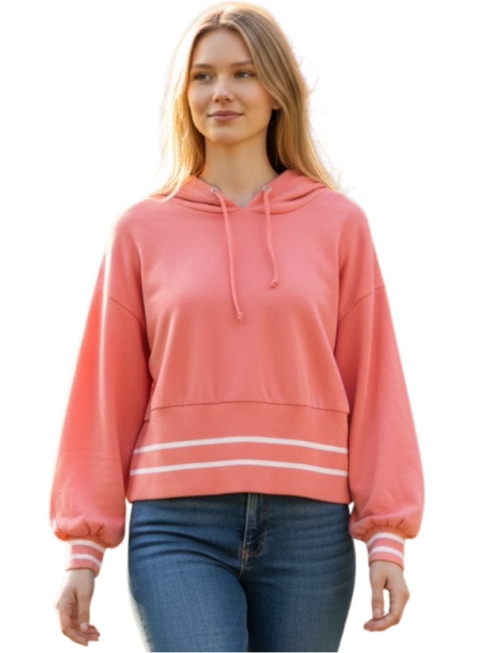 VENUS Pink Hoodie with White Striped Hem